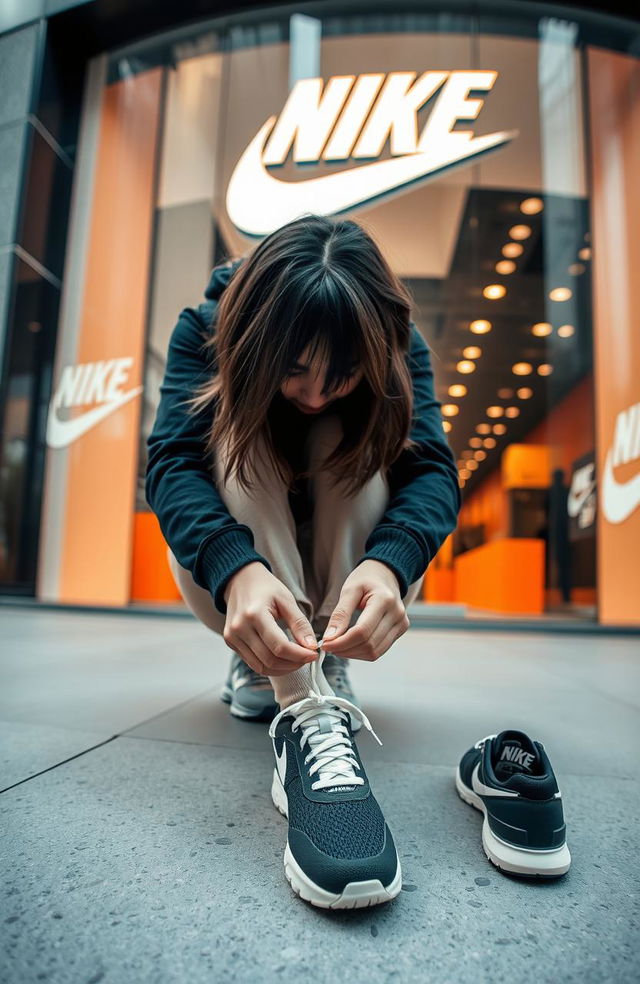 A 20-year-old girl tying the laces of her 'Nike' shoe in front of the Nike Company showroom