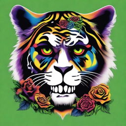 This is a high-quality, digital art of a vibrant tattoo design that combines the iconic imagery of the Grateful Dead with a majestic, psychedelic tiger