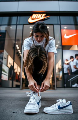 A 20-year-old girl tying the laces of her 'Nike' shoe in front of the Nike Company showroom