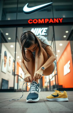 A 20-year-old girl tying the laces of her 'Nike' shoe in front of the Nike Company showroom