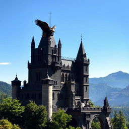 A majestic black castle with towering walls and intricate architecture set against a clear blue sky