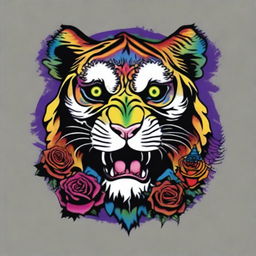 This is a high-quality, digital art of a vibrant tattoo design that combines the iconic imagery of the Grateful Dead with a majestic, psychedelic tiger