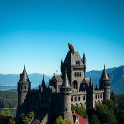 A majestic black castle with towering walls and intricate architecture set against a clear blue sky