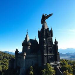 A majestic black castle with towering walls and intricate architecture set against a clear blue sky