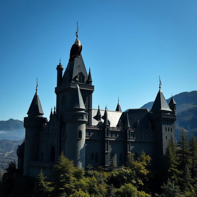 A majestic black castle with towering walls and intricate architecture set against a clear blue sky