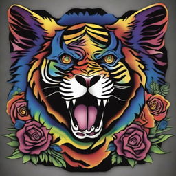 This is a high-quality, digital art of a vibrant tattoo design that combines the iconic imagery of the Grateful Dead with a majestic, psychedelic tiger