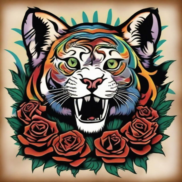 This is a high-quality, digital art of a vibrant tattoo design that combines the iconic imagery of the Grateful Dead with a majestic, psychedelic tiger