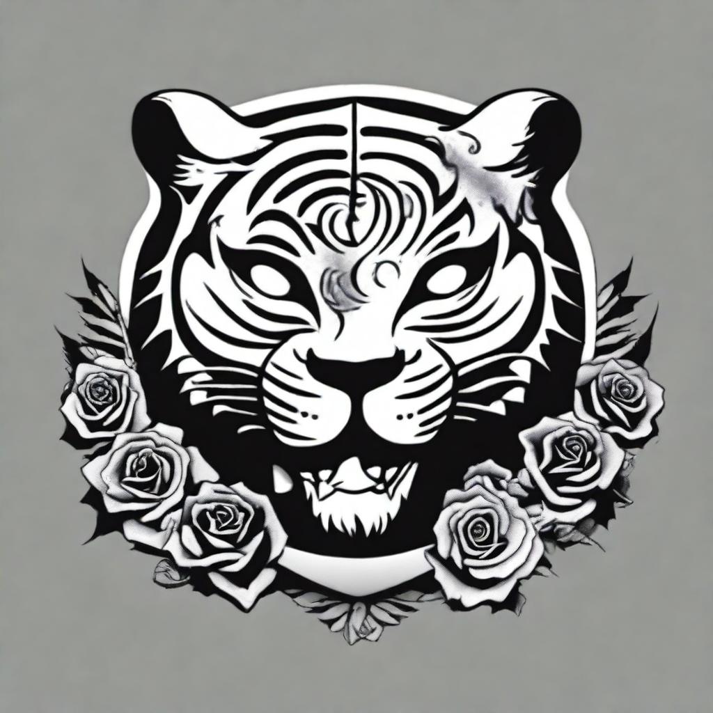 This is a high-quality, digital art of a simple, black and white tattoo design that combines the iconic imagery of the Grateful Dead with a stylized tiger