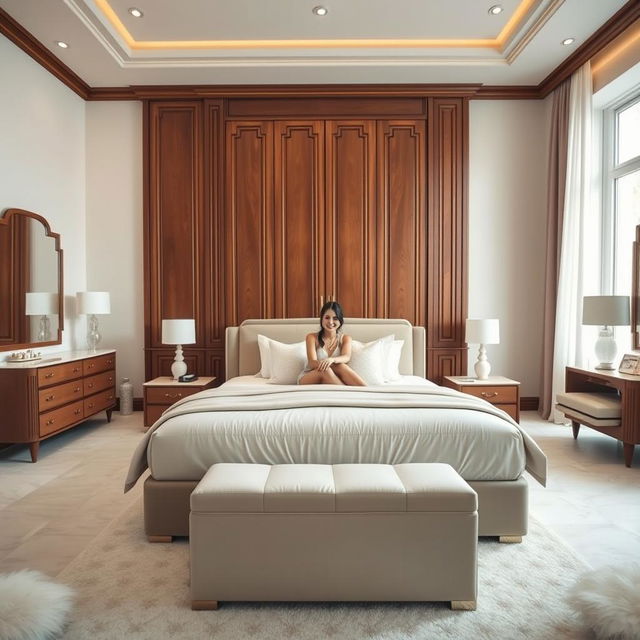 A spacious bedroom featuring a large, stylish vanity, with a Latina woman sitting elegantly at it, radiating confidence and beauty