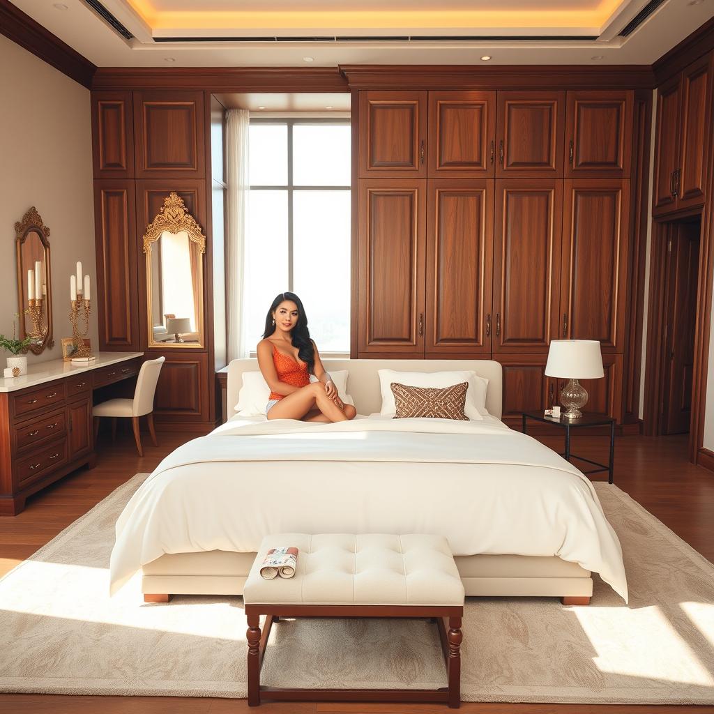 A spacious bedroom featuring a large, stylish vanity, with a Latina woman sitting elegantly at it, radiating confidence and beauty