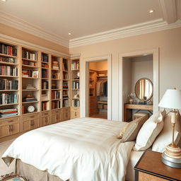 A beautifully designed bedroom in soft beige tones, featuring a large double bed with elegant linens