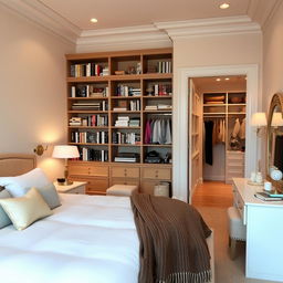 A beautifully designed bedroom in soft beige tones, featuring a large double bed with elegant linens