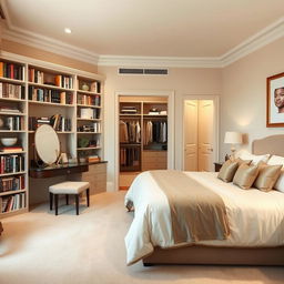 A beautifully designed bedroom in soft beige tones, featuring a large double bed with elegant linens