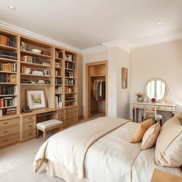 A beautifully designed bedroom in soft beige tones, featuring a large double bed with elegant linens