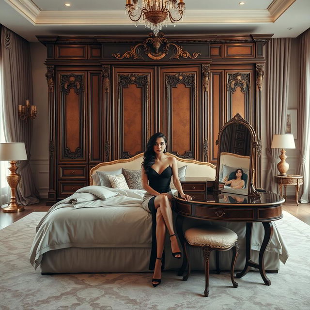 A large, stylish bedroom featuring a Latina woman confidently seated at a beautiful vanity, embodying elegance and charm