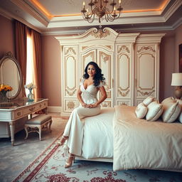 A large, stylish bedroom featuring a Latina woman confidently seated at a beautiful vanity, embodying elegance and charm