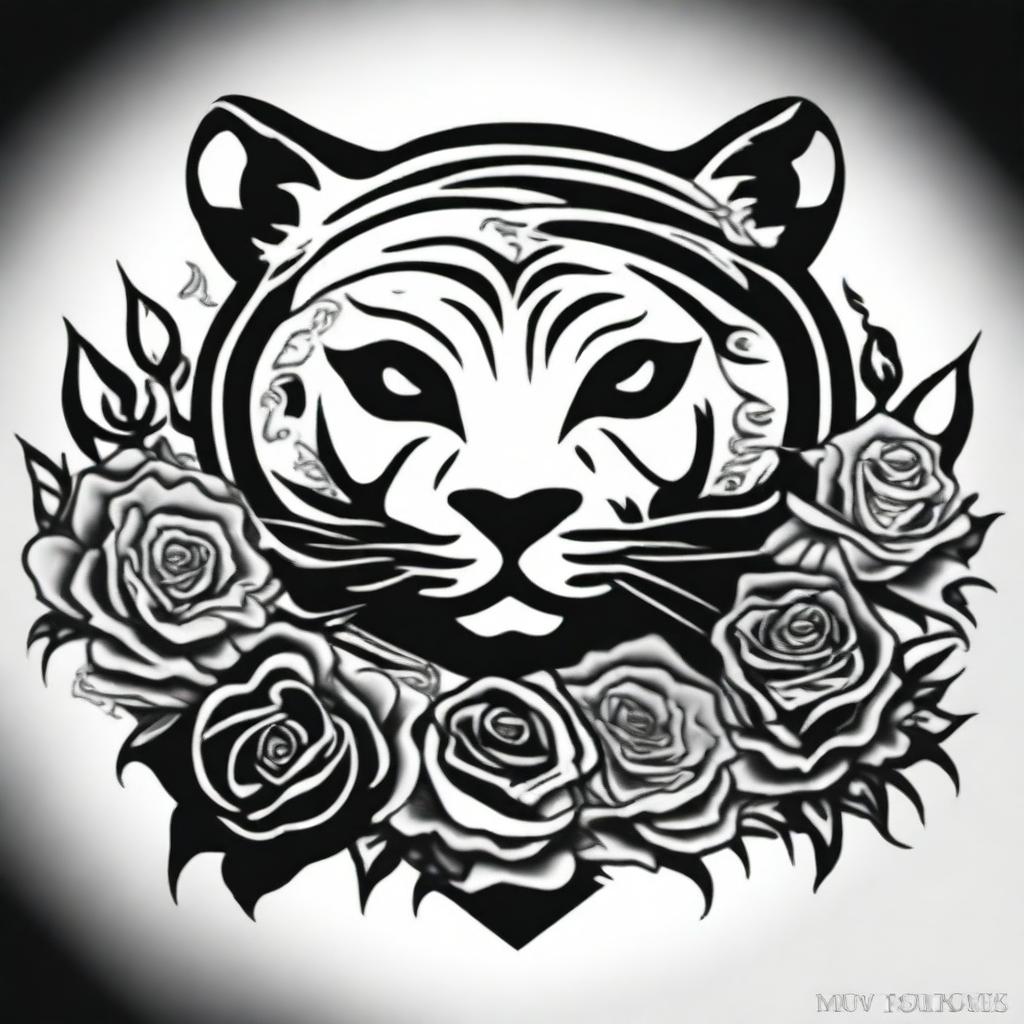 This is a high-quality, digital art of a simple, black and white tattoo design that combines the iconic imagery of the Grateful Dead with a stylized tiger