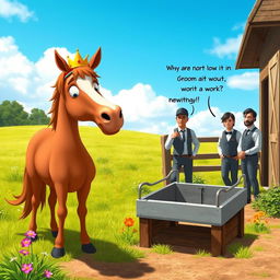 A whimsical scene depicting a horse standing proudly in a beautiful meadow on a sunny Sunday, wearing a tiny crown and looking defiantly at a nearby stable where grooms are preparing to work