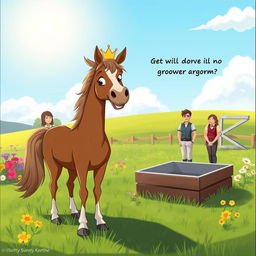 A whimsical scene depicting a horse standing proudly in a beautiful meadow on a sunny Sunday, wearing a tiny crown and looking defiantly at a nearby stable where grooms are preparing to work