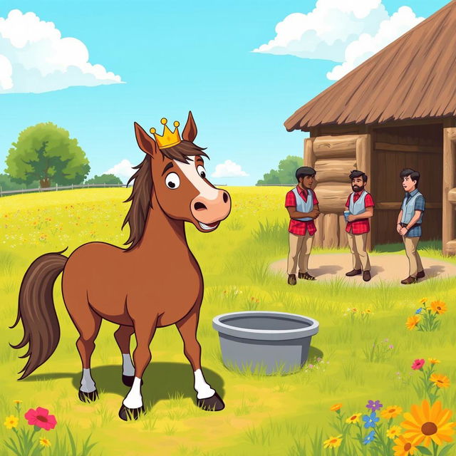 A whimsical scene depicting a horse standing proudly in a beautiful meadow on a sunny Sunday, wearing a tiny crown and looking defiantly at a nearby stable where grooms are preparing to work