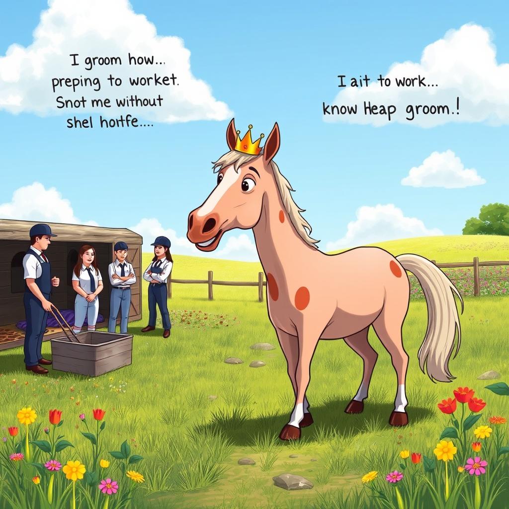 A whimsical scene depicting a horse standing proudly in a beautiful meadow on a sunny Sunday, wearing a tiny crown and looking defiantly at a nearby stable where grooms are preparing to work