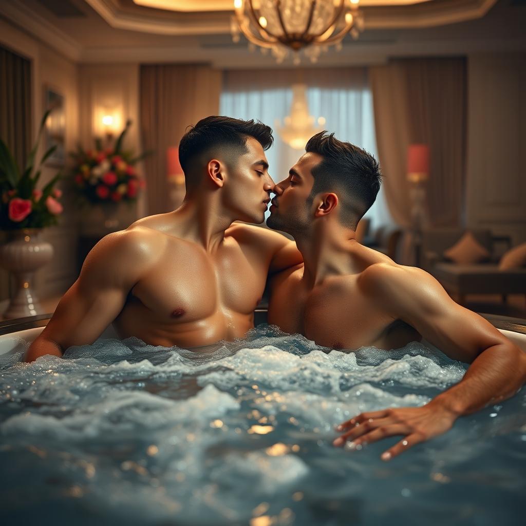 Two hunky macho boys in their 20s sharing a passionate kiss in a luxurious hot tub