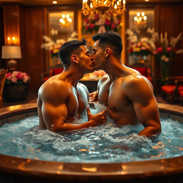 Two hunky macho boys in their 20s sharing a passionate kiss in a luxurious hot tub