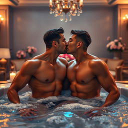 Two hunky macho boys in their 20s sharing a passionate kiss in a luxurious hot tub