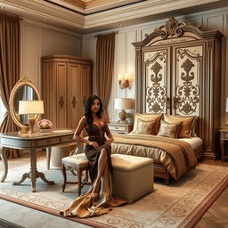 A spacious and elegantly designed bedroom featuring a Latina woman sitting confidently at a chic vanity, embodying style and allure