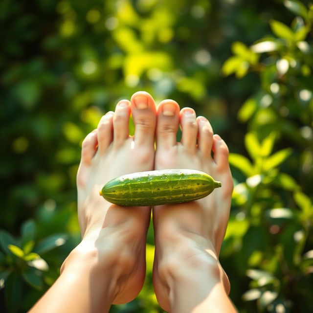 A close-up shot of beautiful female feet gracefully holding a cucumber in the middle of the toes