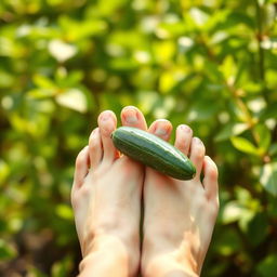 A close-up shot of beautiful female feet gracefully holding a cucumber in the middle of the toes