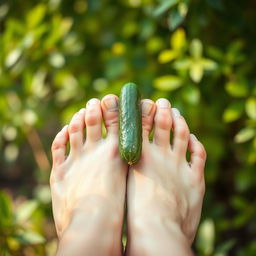A close-up shot of beautiful female feet gracefully holding a cucumber in the middle of the toes