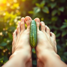 A close-up shot of beautiful female feet gracefully holding a cucumber in the middle of the toes