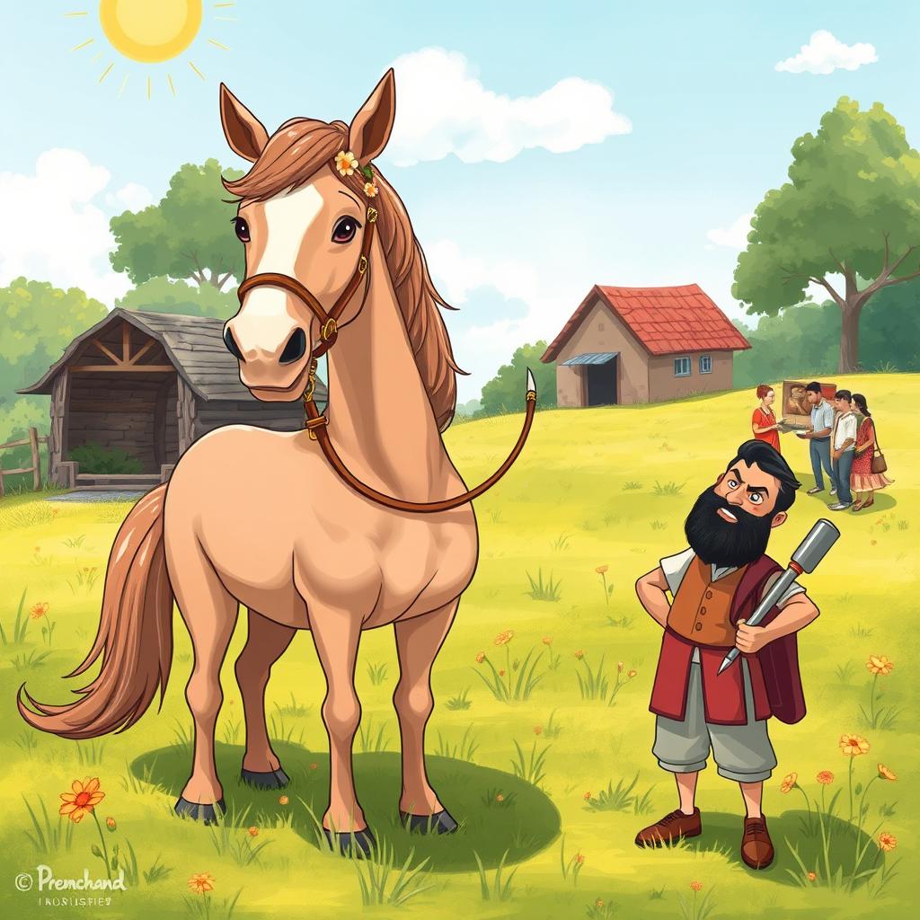 A whimsical illustration inspired by a Premchand-like story, depicting a horse in a lush countryside setting, standing defiantly in a sunny meadow, fully adorned with flowers and a decorative bridle, symbolizing its self-esteem