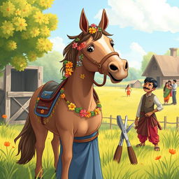 A whimsical illustration inspired by a Premchand-like story, depicting a horse in a lush countryside setting, standing defiantly in a sunny meadow, fully adorned with flowers and a decorative bridle, symbolizing its self-esteem