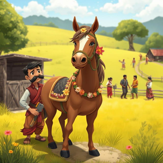 A whimsical illustration inspired by a Premchand-like story, depicting a horse in a lush countryside setting, standing defiantly in a sunny meadow, fully adorned with flowers and a decorative bridle, symbolizing its self-esteem