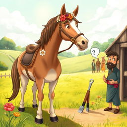 A whimsical illustration inspired by a Premchand-like story, depicting a horse in a lush countryside setting, standing defiantly in a sunny meadow, fully adorned with flowers and a decorative bridle, symbolizing its self-esteem