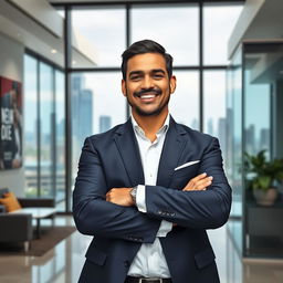 A charismatic sales director in a modern corporate office