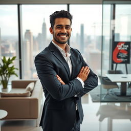 A charismatic sales director in a modern corporate office