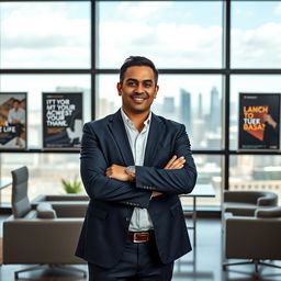 A charismatic sales director in a modern corporate office
