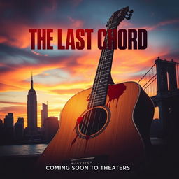 A gripping movie poster featuring a blood-stained acoustic guitar prominently in the foreground