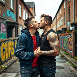 Two macho chav lads in their 18s engaged in a passionate French kiss in a Liverpool suburb, with a backdrop of urban street art and typical housing architecture of a slum area