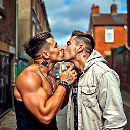 Two macho chav lads in their 18s engaged in a passionate French kiss in a Liverpool suburb, with a backdrop of urban street art and typical housing architecture of a slum area