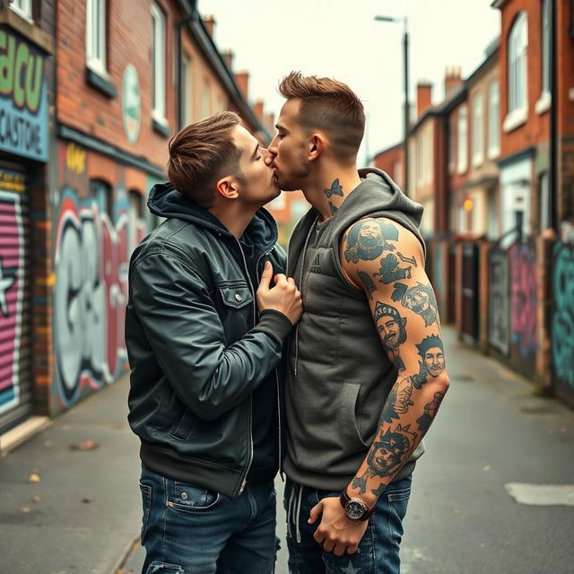 Two macho chav lads in their 18s engaged in a passionate French kiss in a Liverpool suburb, with a backdrop of urban street art and typical housing architecture of a slum area