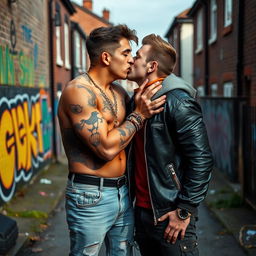 Two macho chav lads in their 18s engaged in a passionate French kiss in a Liverpool suburb, with a backdrop of urban street art and typical housing architecture of a slum area