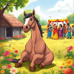 A humorous and poignant illustration depicting a horse sitting defiantly in a beautiful countryside setting on a sunny Sunday, surrounded by vibrant flowers and greenery