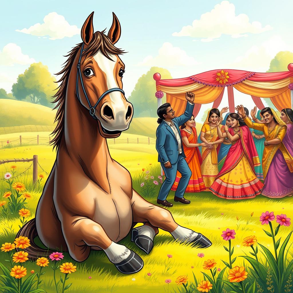 A humorous and poignant illustration depicting a horse sitting defiantly in a beautiful countryside setting on a sunny Sunday, surrounded by vibrant flowers and greenery