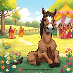 A humorous and poignant illustration depicting a horse sitting defiantly in a beautiful countryside setting on a sunny Sunday, surrounded by vibrant flowers and greenery