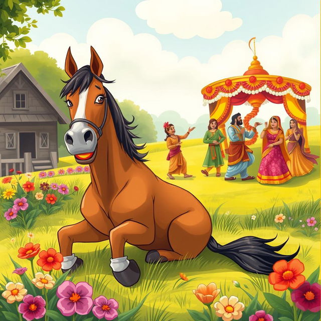 A humorous and poignant illustration depicting a horse sitting defiantly in a beautiful countryside setting on a sunny Sunday, surrounded by vibrant flowers and greenery