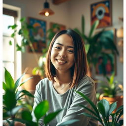 A young woman with straight, sleek bob cut hairstyle, sitting in a bright, sunlit room surrounded by indoor plants